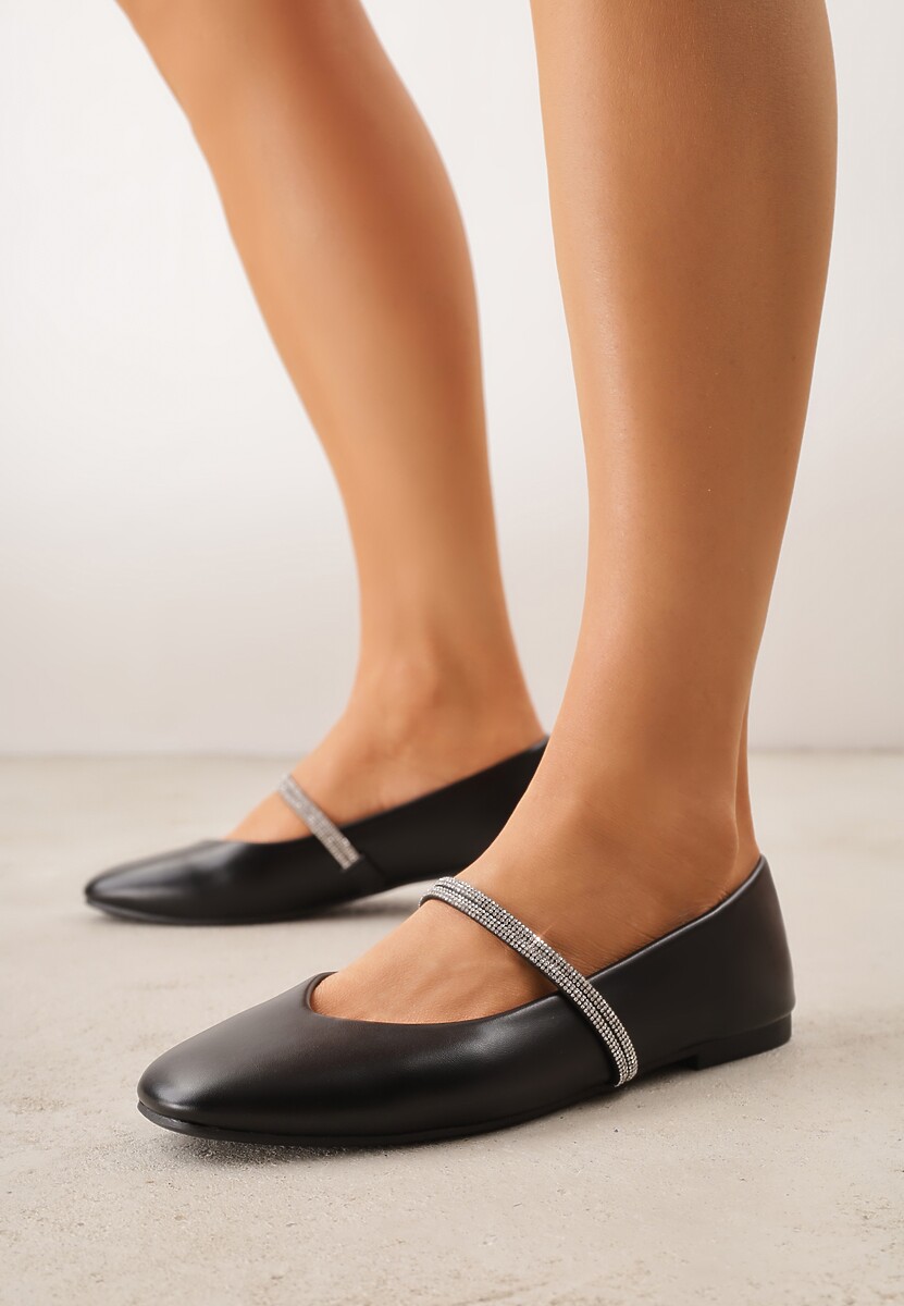 Czarne Balerinki w Stylu Mary Jane z Paskiem z Cyrkoniami Cireris 3