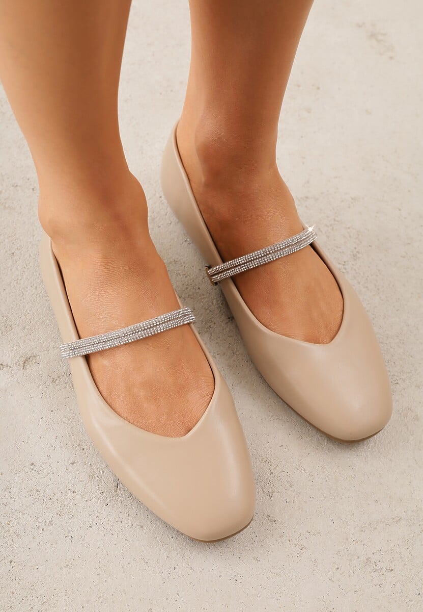 Beżowe Balerinki w Stylu Mary Jane z Paskiem z Cyrkoniami Cireris 2