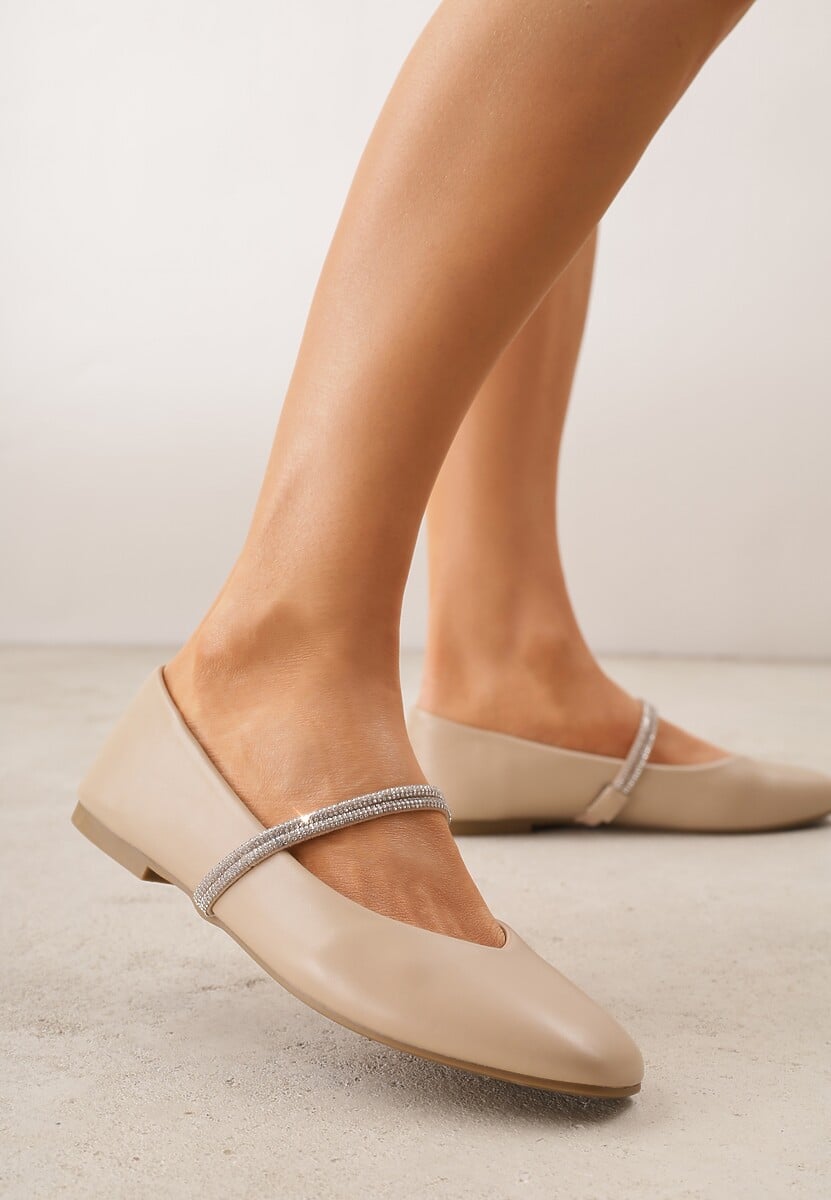 Beżowe Balerinki w Stylu Mary Jane z Paskiem z Cyrkoniami Cireris 3