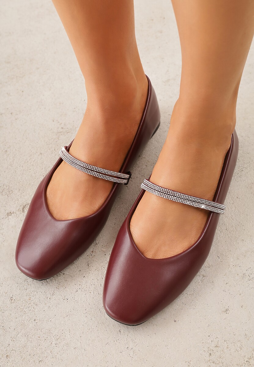 Bordowe Balerinki w Stylu Mary Jane z Paskiem z Cyrkoniami Cireris 2
