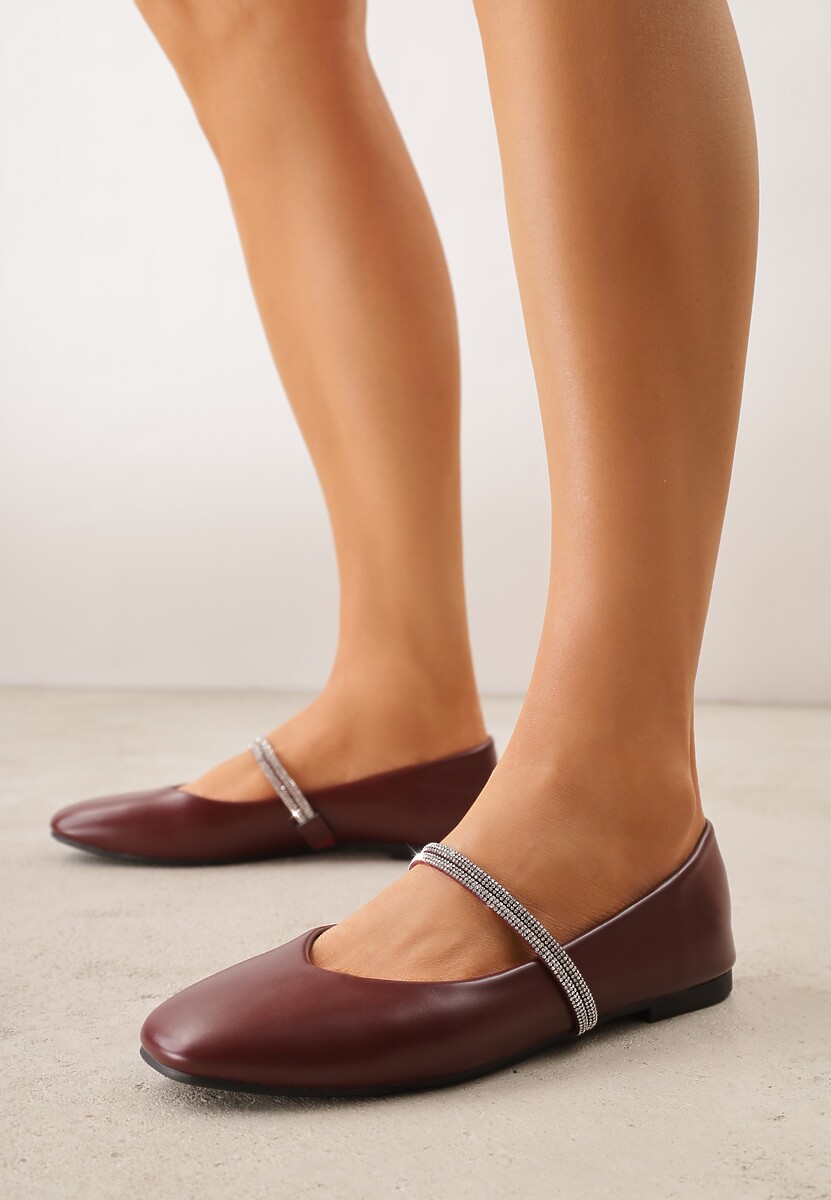 Bordowe Balerinki w Stylu Mary Jane z Paskiem z Cyrkoniami Cireris 3