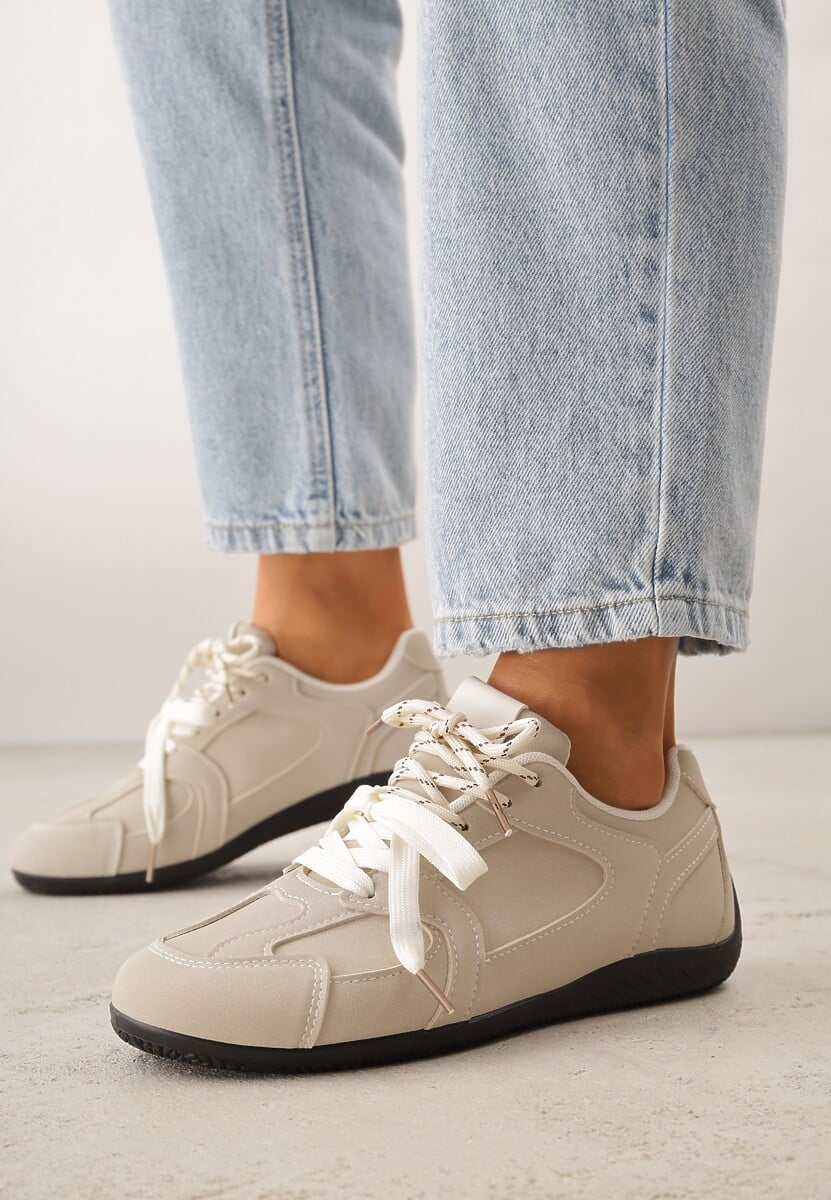 Beżowe Sneakersy z Podwójnym Sznurowaniem i Geometrycznymi Wstawkami Adrearah 2
