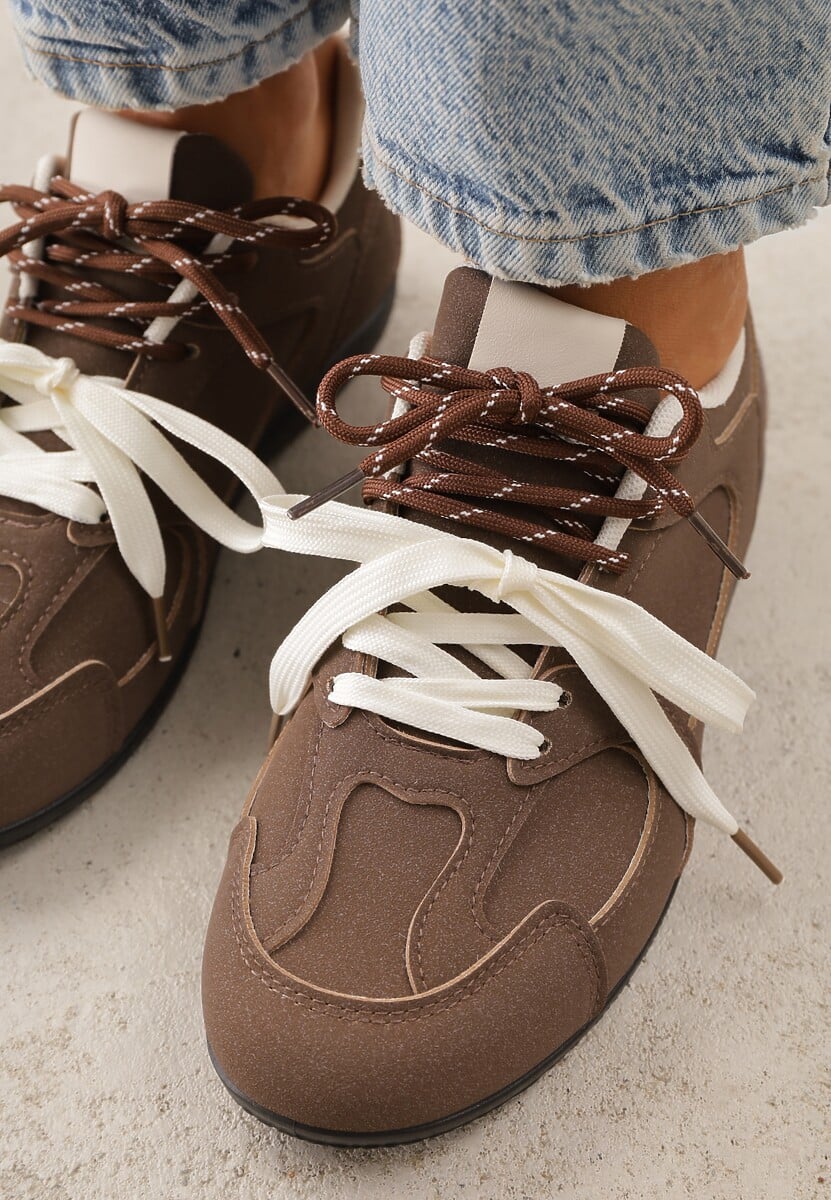 Brązowe Sneakersy z Podwójnym Sznurowaniem i Geometrycznymi Wstawkami Adrearah 3