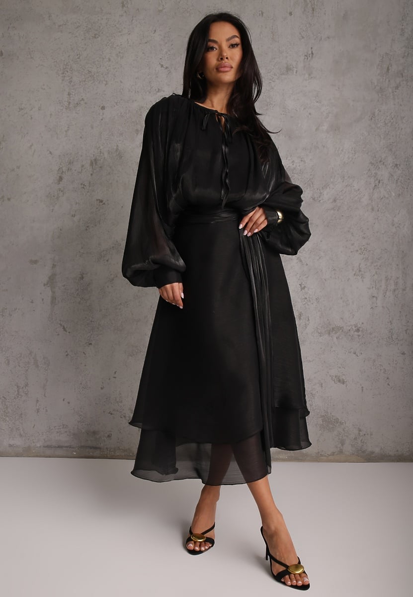 Czarna Rozkloszowana Sukienka Wieczorowa z Szyfonowej Tkaniny Amanna 1