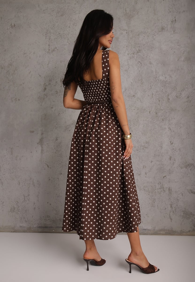 Brązowa Retro Sukienka z Bawełny i Wiskozy w Kropki o Rozkloszowanym Kroju Phrithoe 3