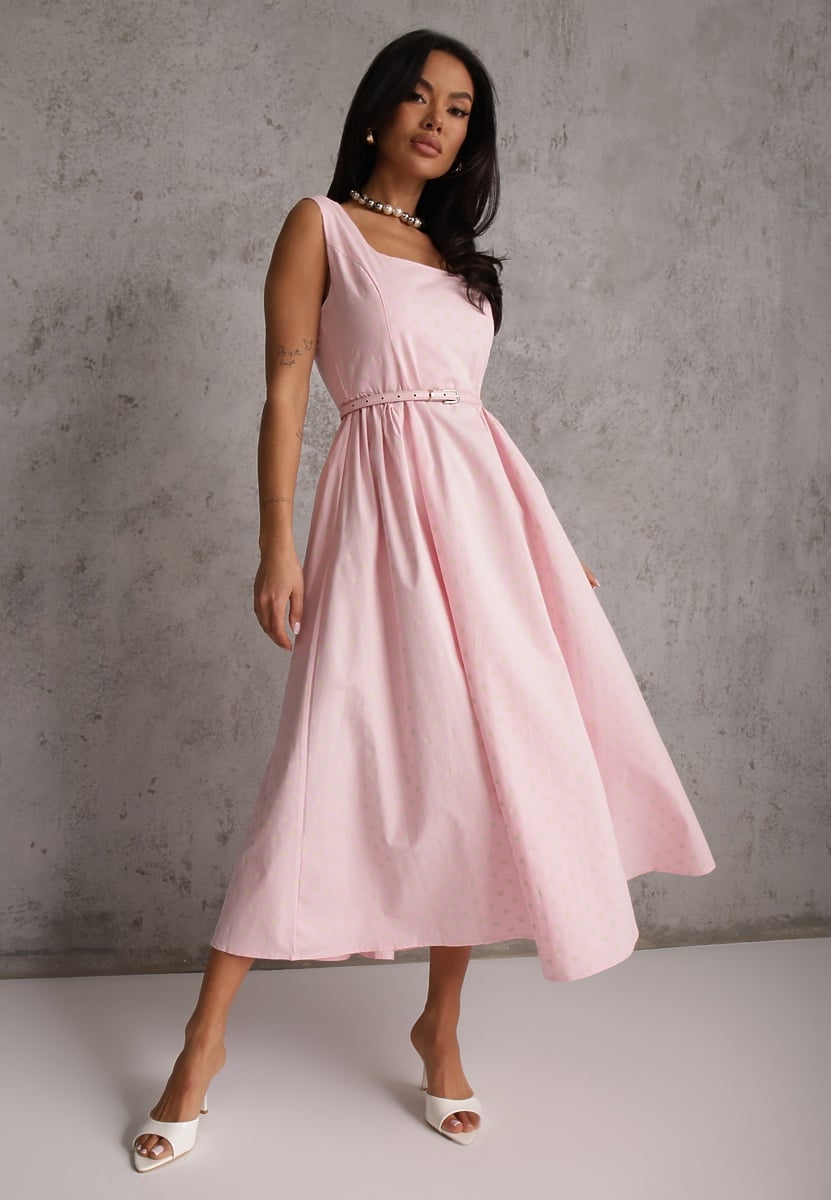 Różowa Retro Sukienka z Bawełny i Wiskozy w Kropki o Rozkloszowanym Kroju Phrithoe 1