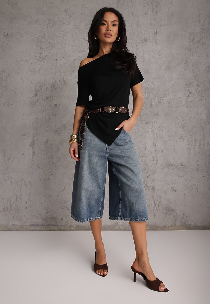 Czarna Asymetryczna Bluzka z Wiskozy z Krótkim Rękawem Zdobiona Marszczeniem Undishi 2