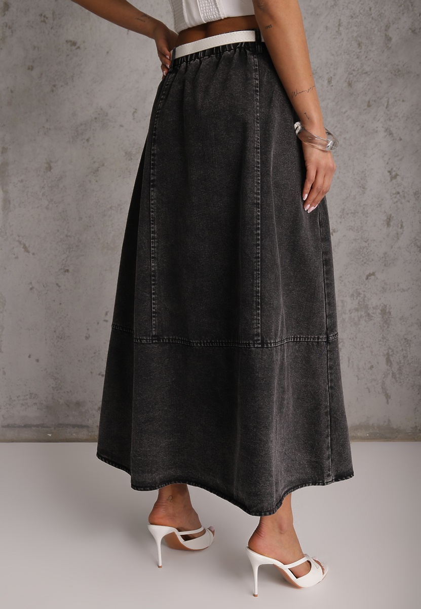 Czarna Bawełniana Spódnica Jeansowa o Rozkloszowanym Kroju z Ozdobnym Paskiem Eatiane 3