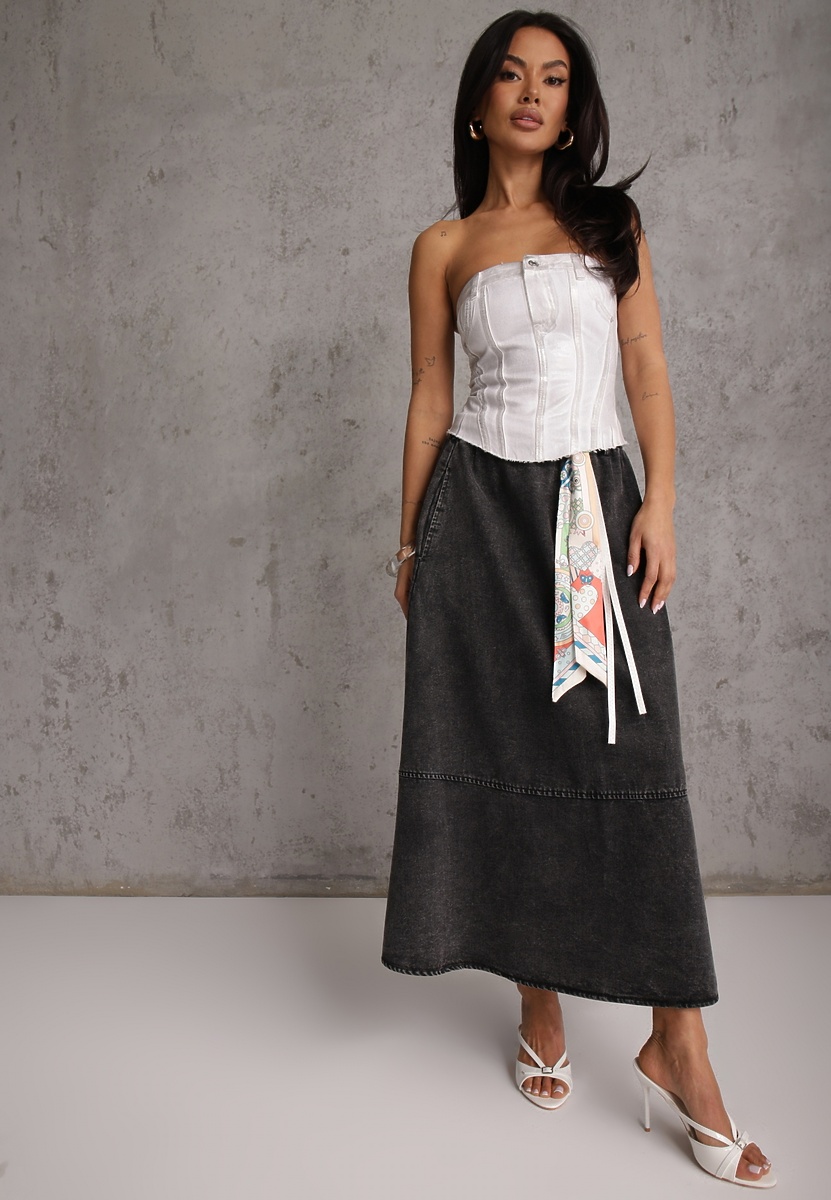 Czarna Bawełniana Spódnica Jeansowa o Rozkloszowanym Kroju z Ozdobnym Paskiem Eatiane 1