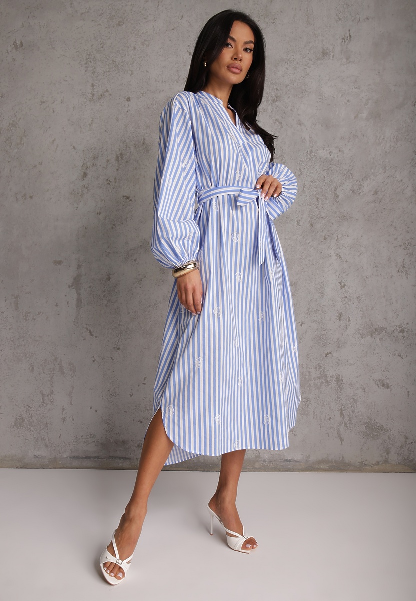 Niebieska Bawełniana Sukienka o Pudełkowym Kroju z Haftem i Wiązanym Paskiem Guineney 2