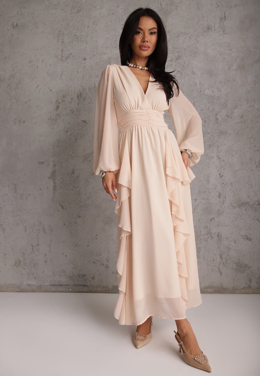 Beżowa Rustykalna Sukienka Wieczorowa z Falbanami i Marszczeniem w Talii Himereanes 2