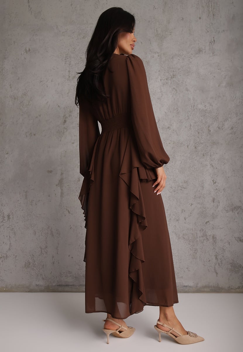 Brązowa Rustykalna Sukienka Wieczorowa z Falbanami i Marszczeniem w Talii Himereanes 3