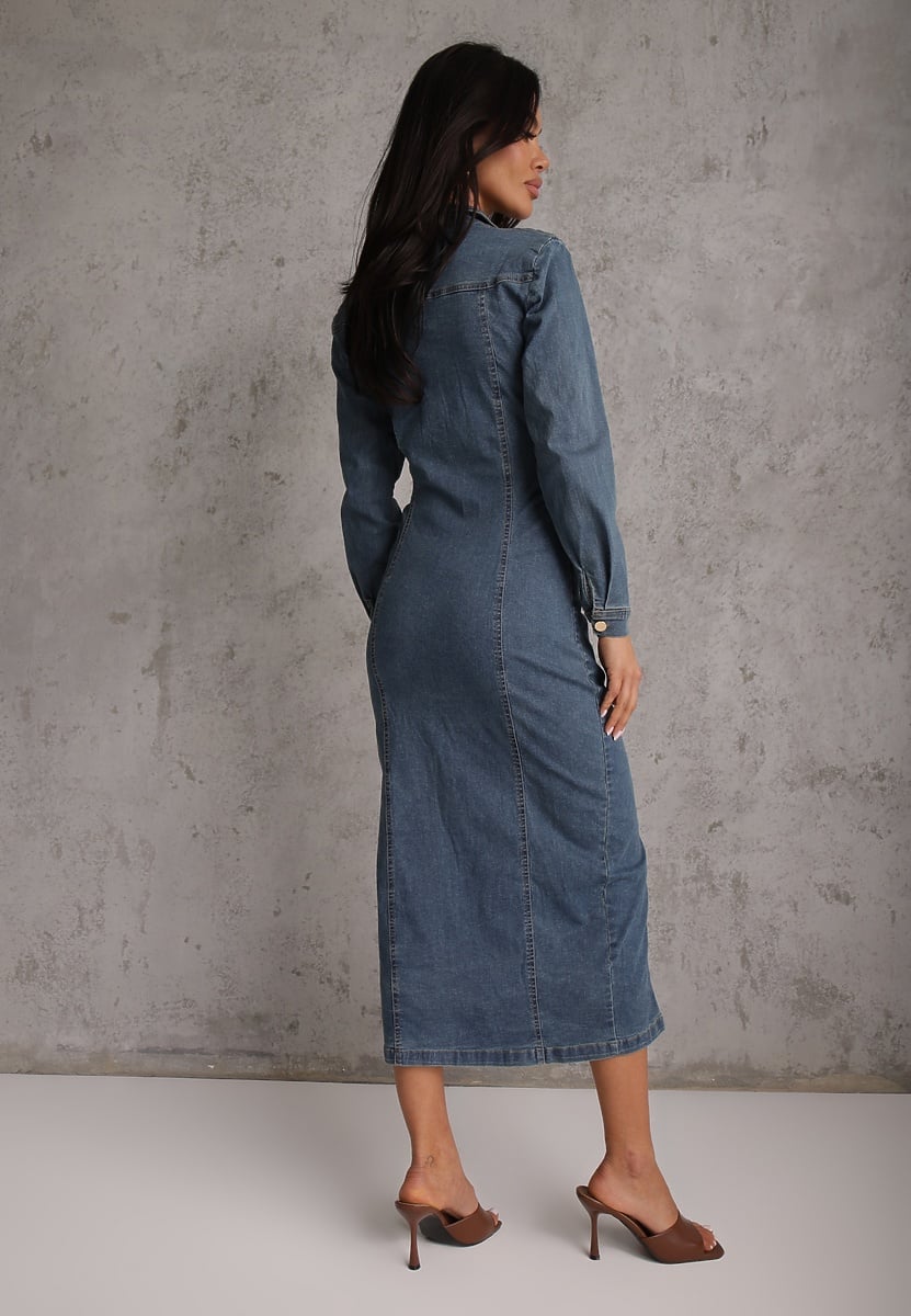 Niebieska Taliowana Sukienka Jeansowa o Koszulowym Fasonie Nezavia 3