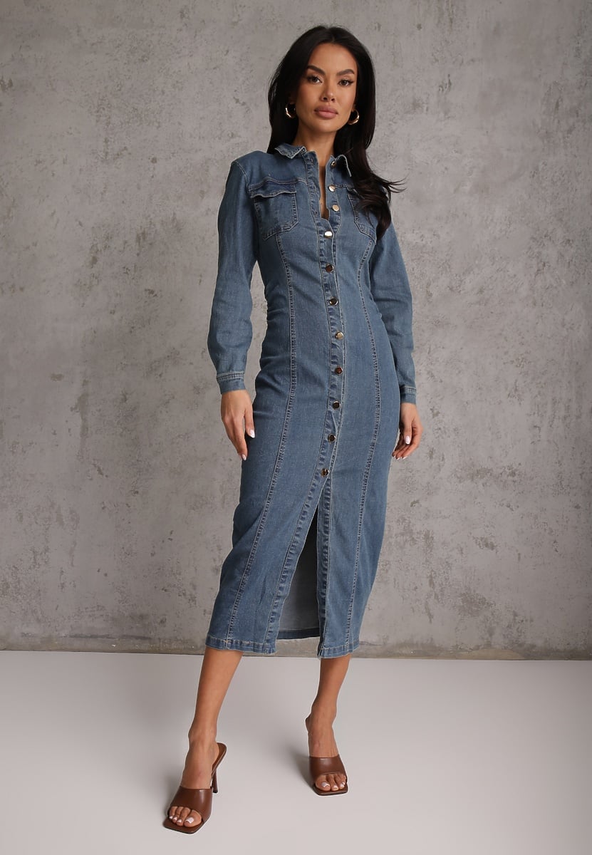 Niebieska Taliowana Sukienka Jeansowa o Koszulowym Fasonie Nezavia 2