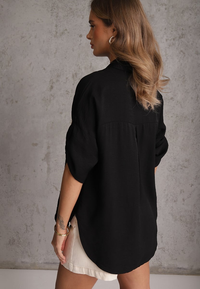 Czarna Nietoperzowa Koszula z Wiskozy z Podpinanymi Rękawami i Haftem Adreaneh 3