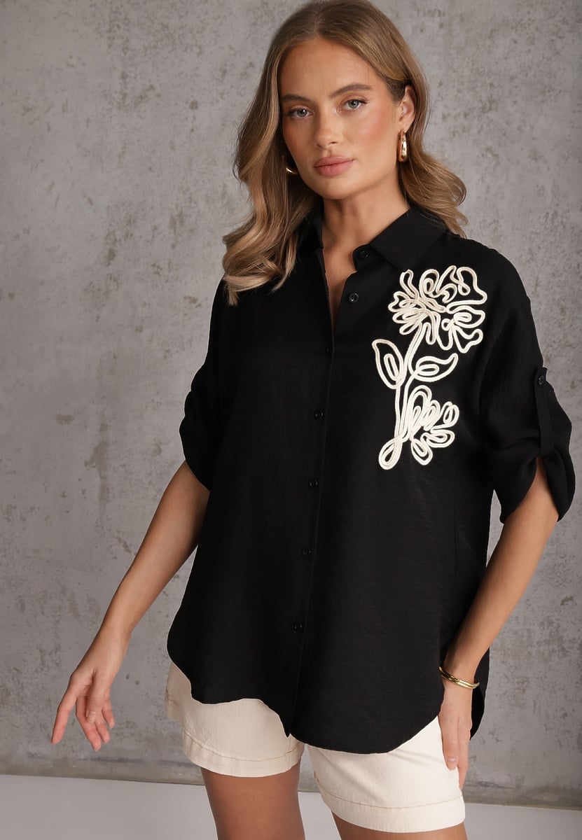 Czarna Nietoperzowa Koszula z Wiskozy z Podpinanymi Rękawami i Haftem Adreaneh 1