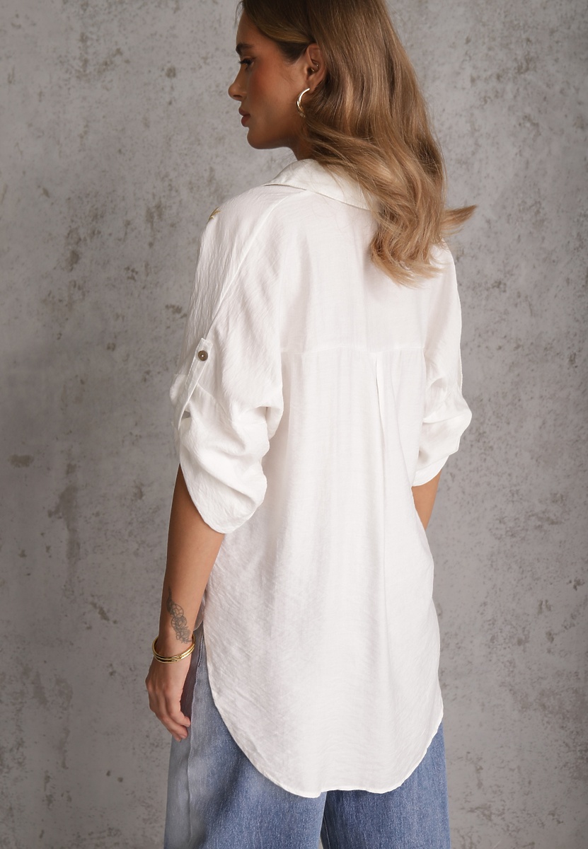 Biała Wiskozowa Koszula z Przedłużonym Tyłem Haftem i Podpinanymi Rękawami Sophora 3