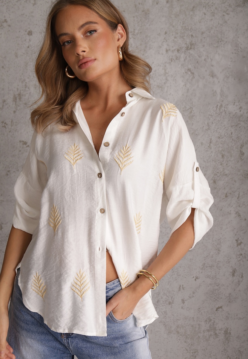 Biała Wiskozowa Koszula z Przedłużonym Tyłem Haftem i Podpinanymi Rękawami Sophora 1