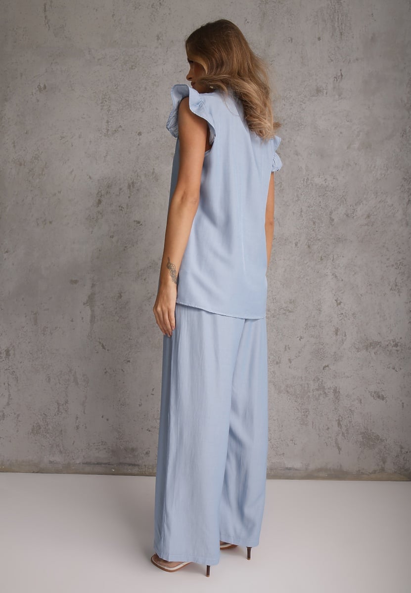 Jasnoniebieski Komplet z Wiskozą Bluzka z Kołnierzem i Spodnie Wide Leg Naunne 3