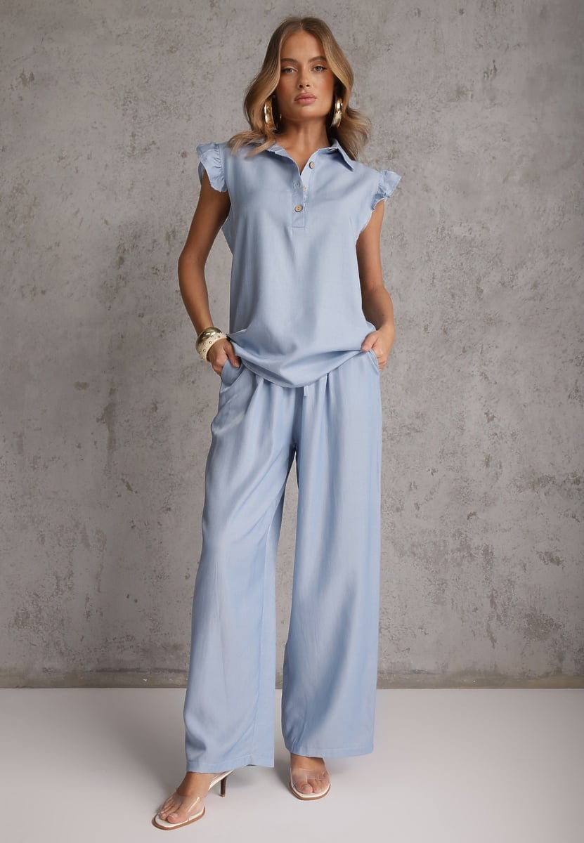 Jasnoniebieski Komplet z Wiskozą Bluzka z Kołnierzem i Spodnie Wide Leg Naunne 1