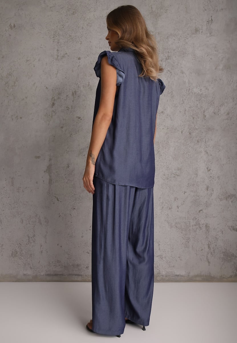 Granatowy Komplet z Wiskozą Bluzka z Kołnierzem i Spodnie Wide Leg Naunne 3