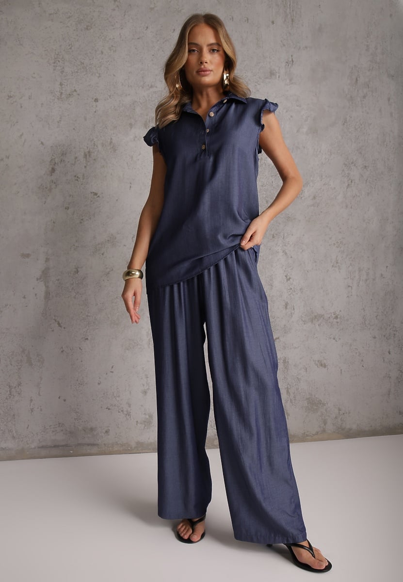 Granatowy Komplet z Wiskozą Bluzka z Kołnierzem i Spodnie Wide Leg Naunne 1