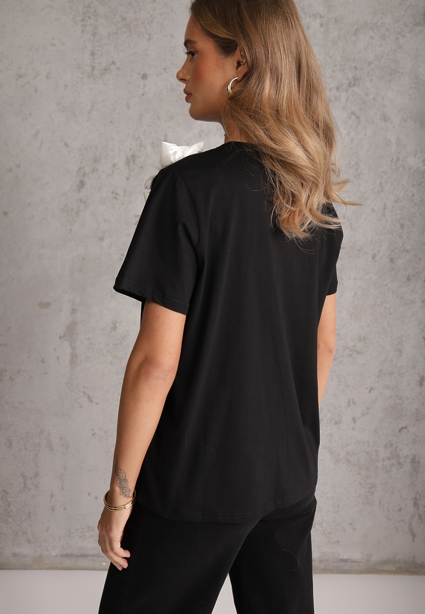 Czarno-Biały Bawełniany T-shirt o Klasycznym Kroju z Kwiatowymi Aplikacjami 3D Morgane 3