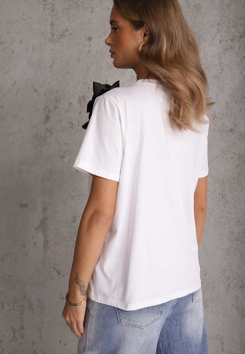 Biało-Czarny Bawełniany T-shirt o Klasycznym Kroju z Kwiatowymi Aplikacjami 3D Morgane 3