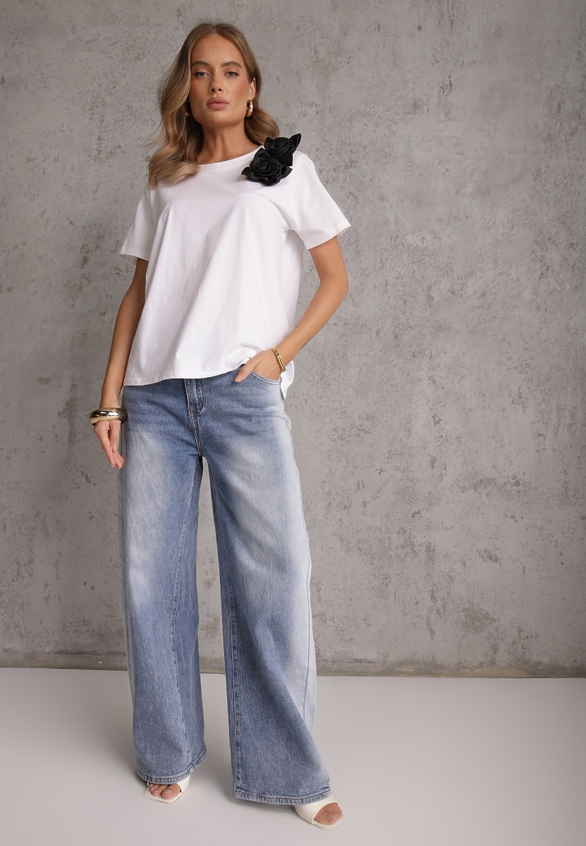 Biało-Czarny Bawełniany T-shirt o Klasycznym Kroju z Kwiatowymi Aplikacjami 3D Morgane 2