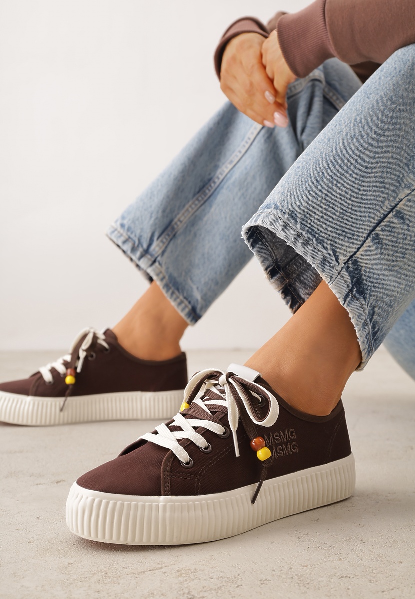 Brązowe Niskie Trampki z Podwójnymi Sznurówkami na Tłoczonej Platformie Astedella 1