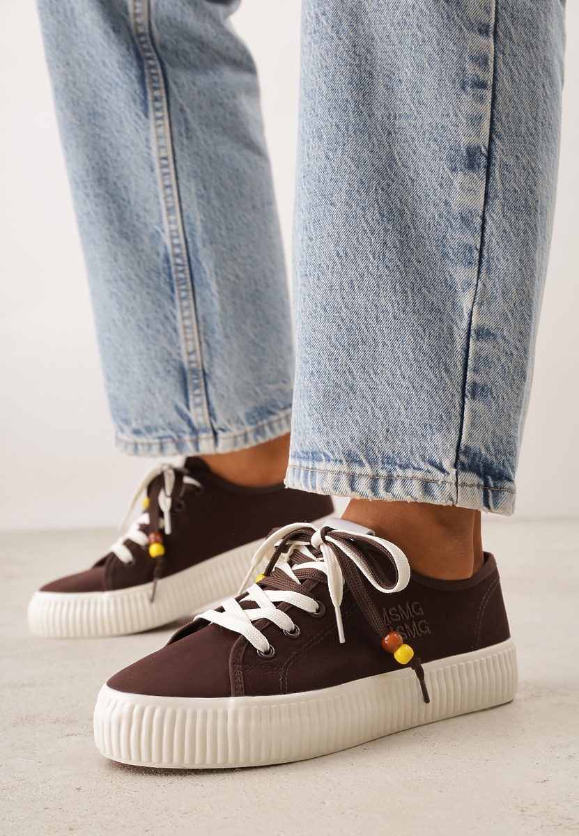 Brązowe Niskie Trampki z Podwójnymi Sznurówkami na Tłoczonej Platformie Astedella 2