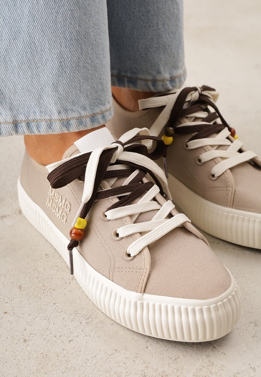 Beżowe Niskie Trampki z Podwójnymi Sznurówkami na Tłoczonej Platformie Astedella 3