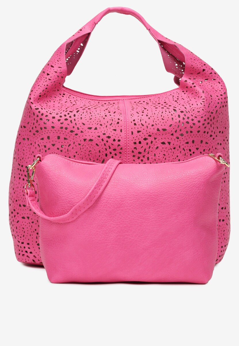 Różowa Ażurowa Torebka Worek na Ramię z Kosmetyczką z Dodatkowym Paskiem Eponia 2