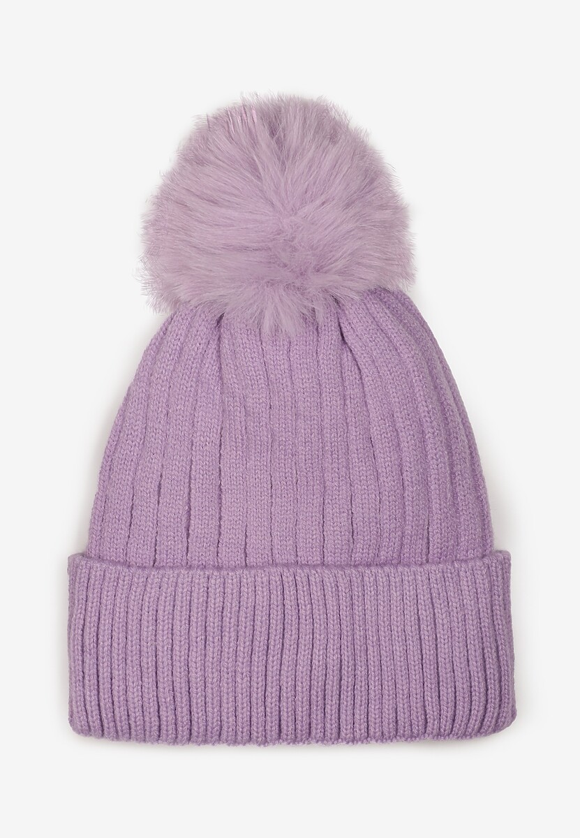 Căciulă Tricotată Violetă din Viscoză cu Pompon de Blană Huded 1