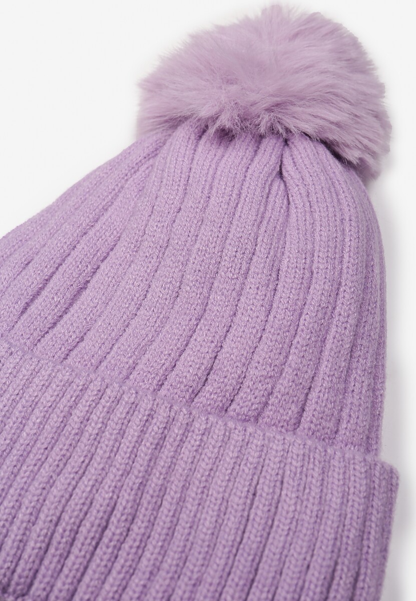 Căciulă Tricotată Violetă din Viscoză cu Pompon de Blană Huded 2