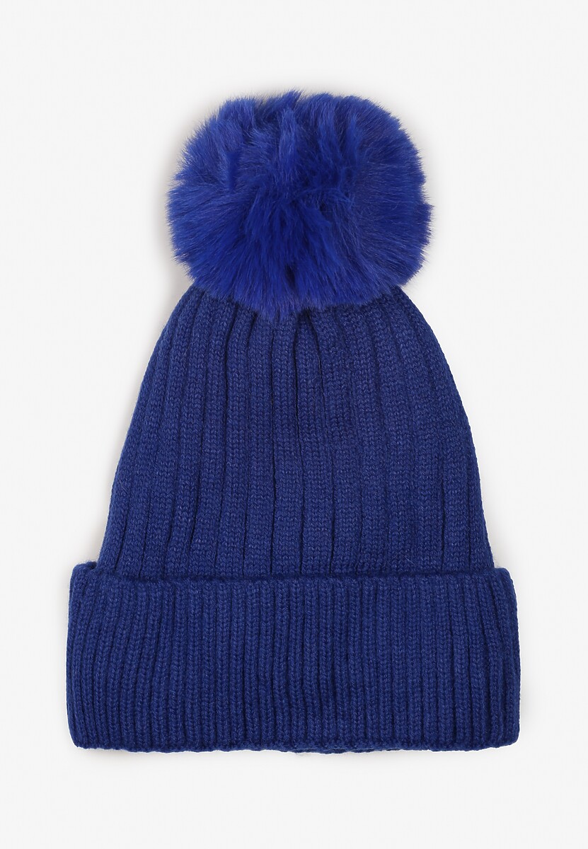 Căciulă Tricotată Bleumarin din Viscoză cu Pompon din Blană Huded 1