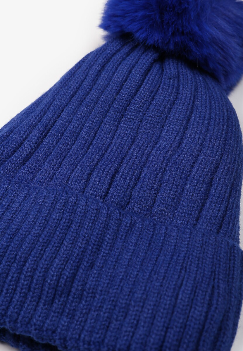 Căciulă Tricotată Bleumarin din Viscoză cu Pompon din Blană Huded 2