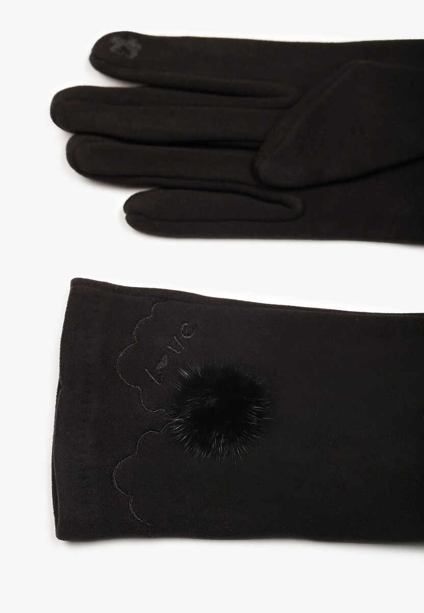 Mănuși Negre din Bumbac și Viscoză cu Pompon și Broderie Gralinne 2