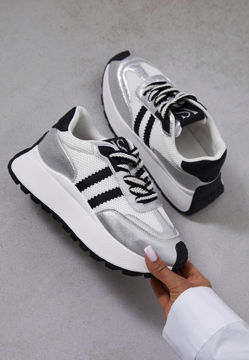 Biało-Srebrne Sneakersy Vices na Platformie z Metalicznymi Paskami Lenela 1