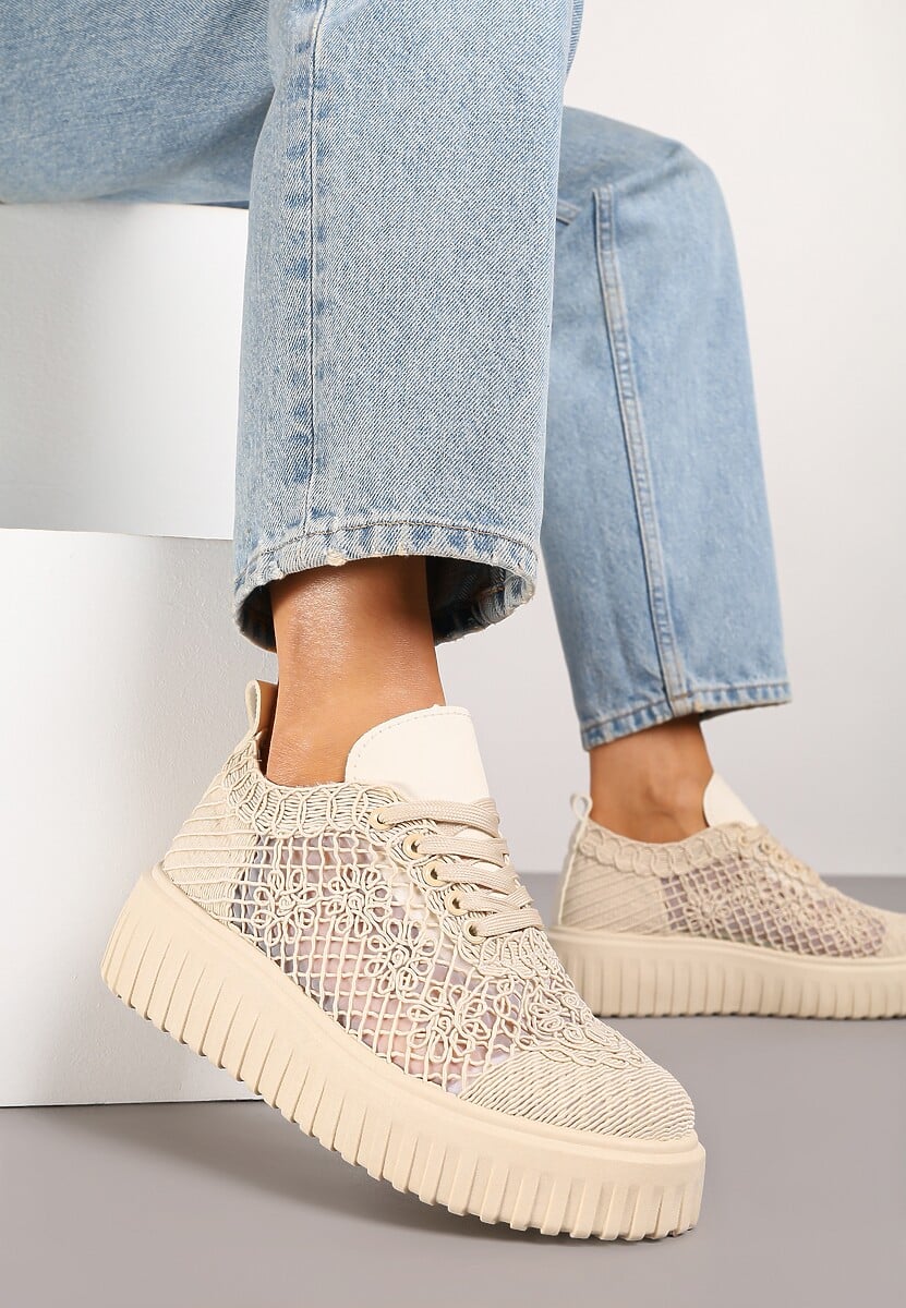 Beżowe Sneakersy Vices na Platformie z Ażurową Cholewką Lumerise 1