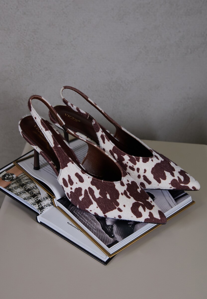 Brązowe Czółenka Sandały Slingback Vices w Krowie Łaty na Obcasie Typu Szpilka Tilionea 1