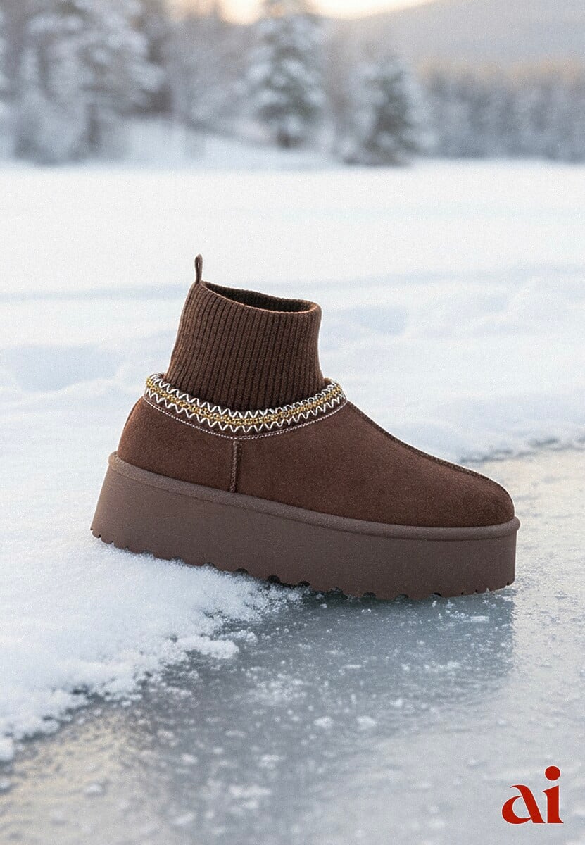Brązowe Śniegowce VICES na Platformie ze Skarpetkową Cholewką i Haftem Ebentia 1