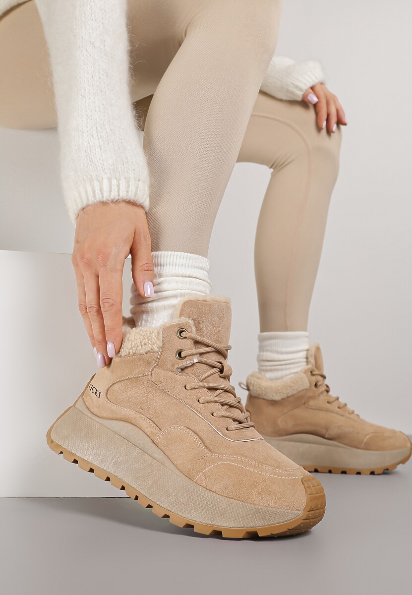 Jasnobrązowe Sneakersy Śniegowce  Vices na Platformie Ozdobione Napisem i Futerkiem Lanite 1