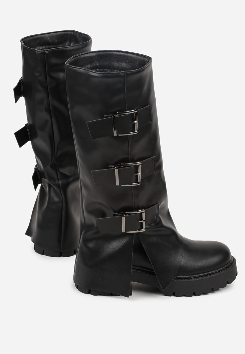 Czarne Kozaki VICES z Wywiniętą Cholewką Zdobioną Sprzączkami