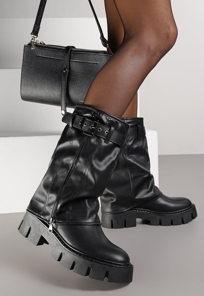 Czarne Botki Biker Boots z Cholewką Imitującą Nogawkę z Klamerką Veresta 1