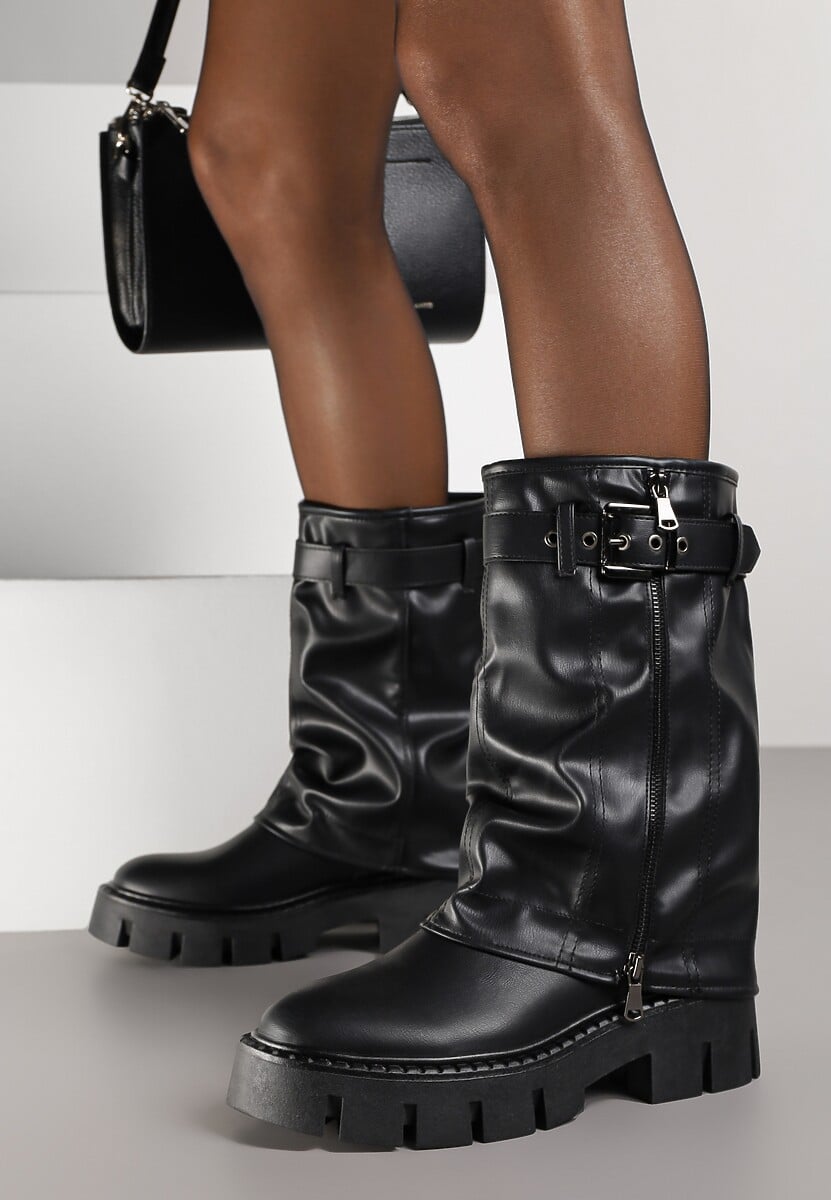 Czarne Botki Biker Boots z Cholewką Imitującą Nogawkę z Klamerką Veresta 2
