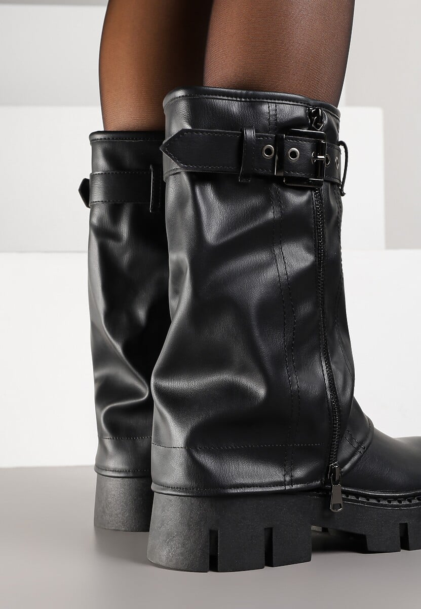 Czarne Botki Biker Boots z Cholewką Imitującą Nogawkę z Klamerką Veresta 3
