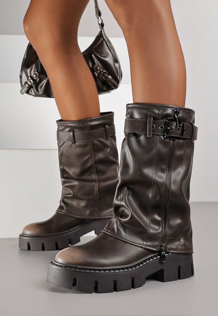 Brązowe Botki Biker Boots z Cholewką Imitującą Nogawkę z Klamerką Veresta 2