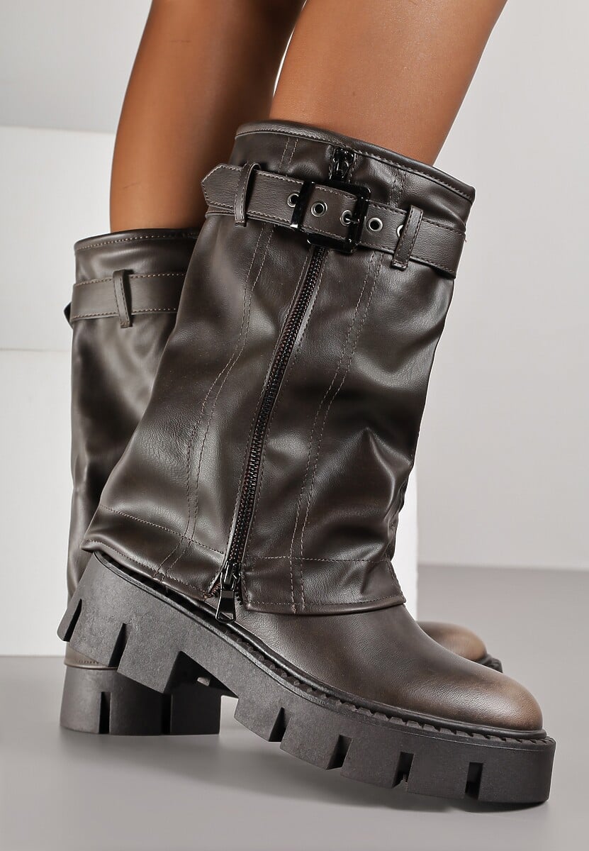 Brązowe Botki Biker Boots z Cholewką Imitującą Nogawkę z Klamerką Veresta 3