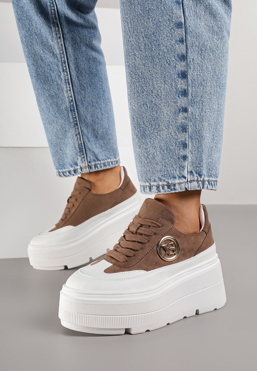 Brązowo-Białe Chunky Sneakersy Vices na Platformie z Okrągłym Detalem Sedvira 2